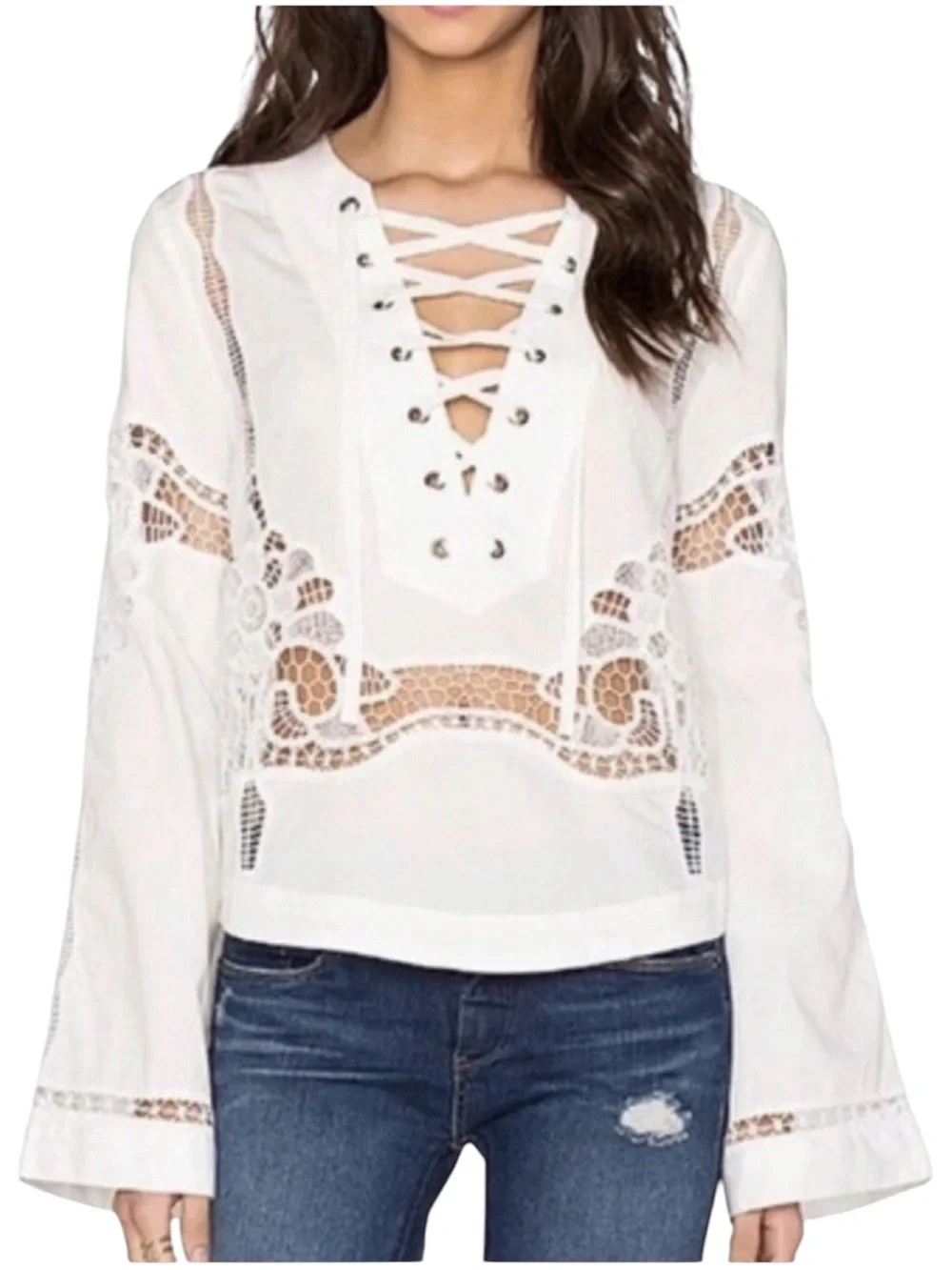 FREE PEOPLE Bittersweet Lace Up Poplin Cotton Top Blouse Crochet Lace Sz M Boho